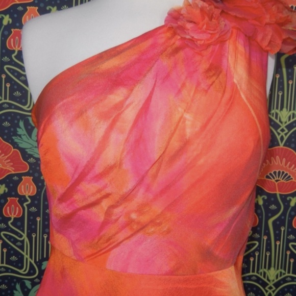 Muse Marchesa One Shoulder Hibiscus Orange Evening Gown Formal Dress - Picture 7 of 9